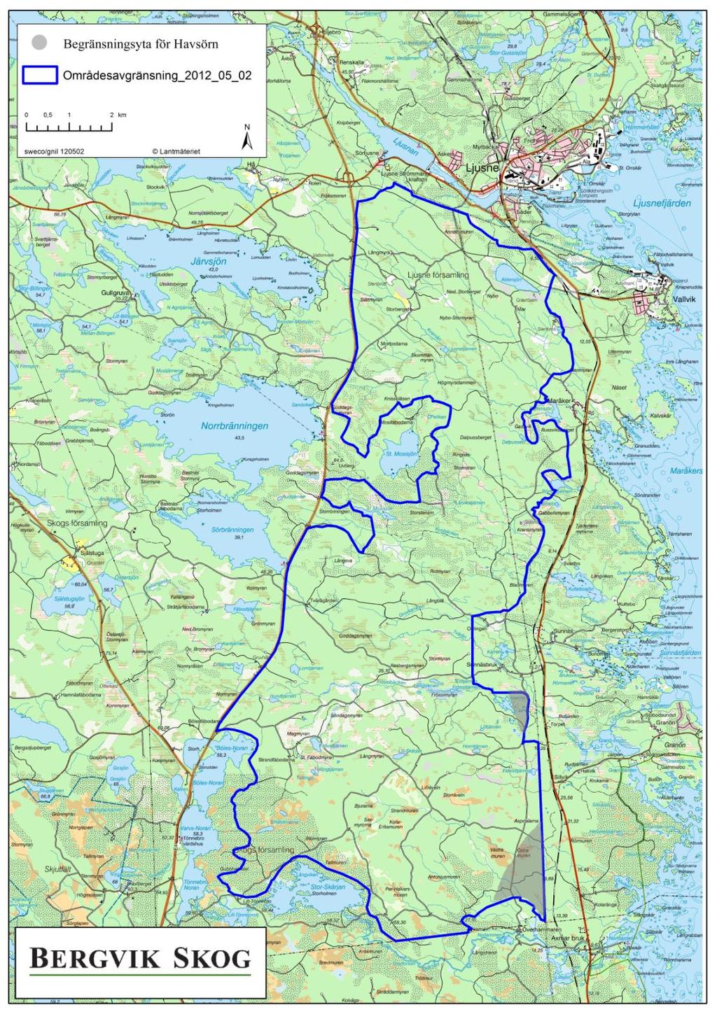 Karta1. Kartan visar de områden som Havsörnsgruppen önskar exkluderade från etablering av vindkraft.
