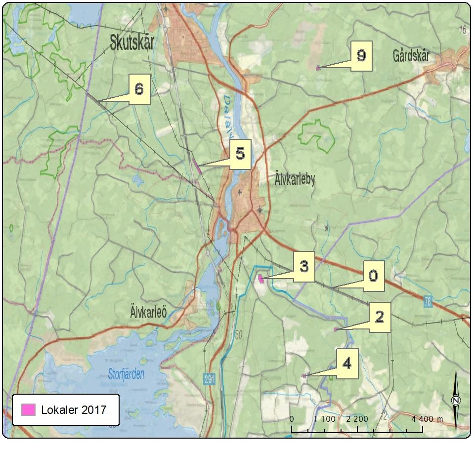 Lokaler som ingått i övervakningen 2017 Figur 2. Översiktskarta för de inventerade lokalerna vid biogeografisk uppföljning av väddnätfjäril i Uppsala län 2017.