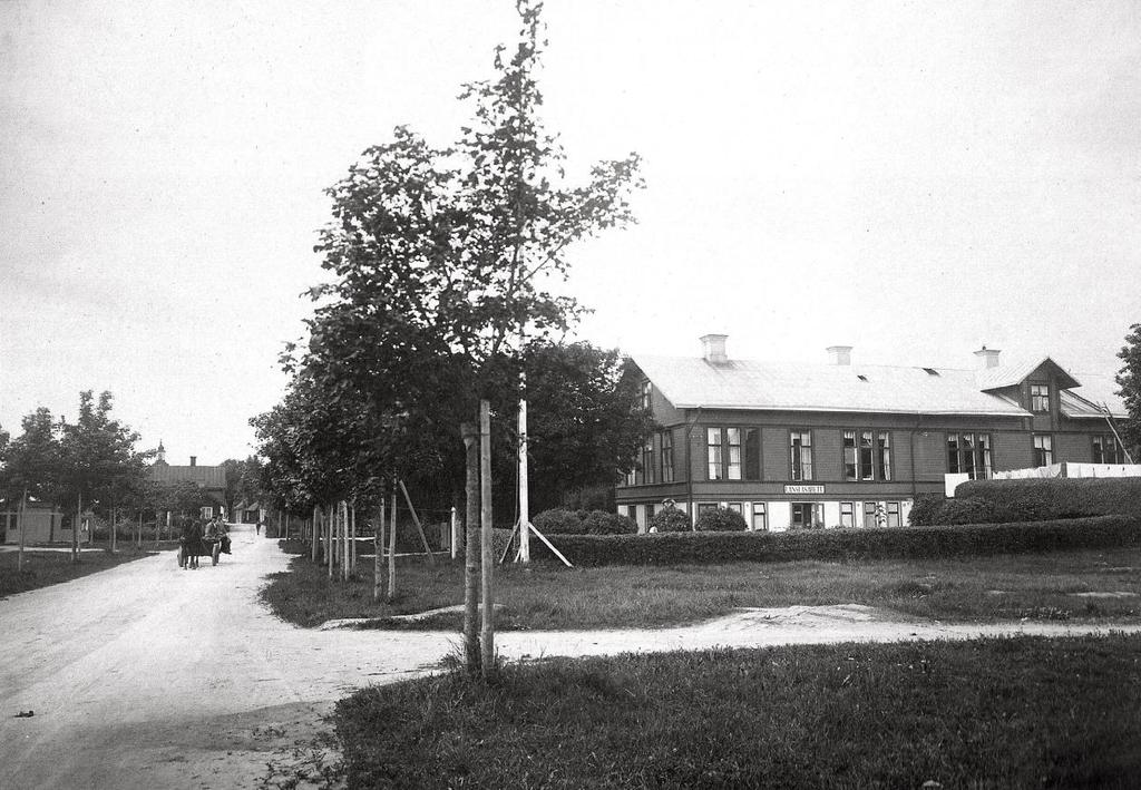 Gamla Lasarettet och Prästgatan vid Sjötorget omkring 1910. Då var lönnarna nyplanterade.