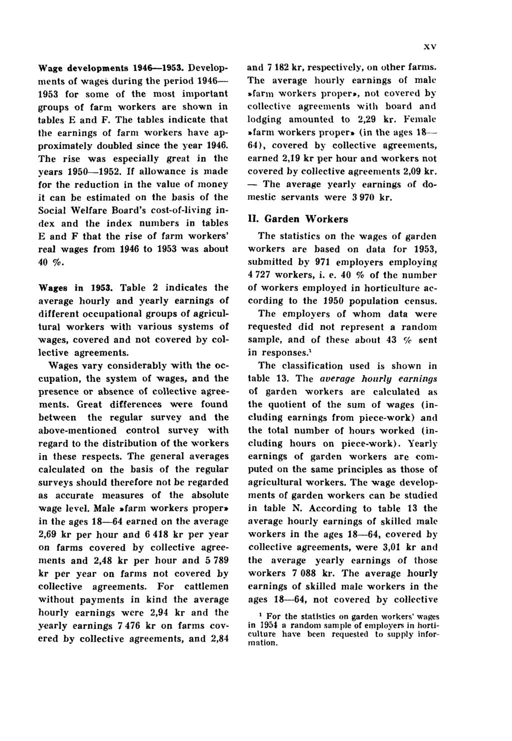 XV Wage developments 1946 1953. Developments of wages during the period 1946 1953 for some of the most important groups of farm workers are shown in tables E and F.