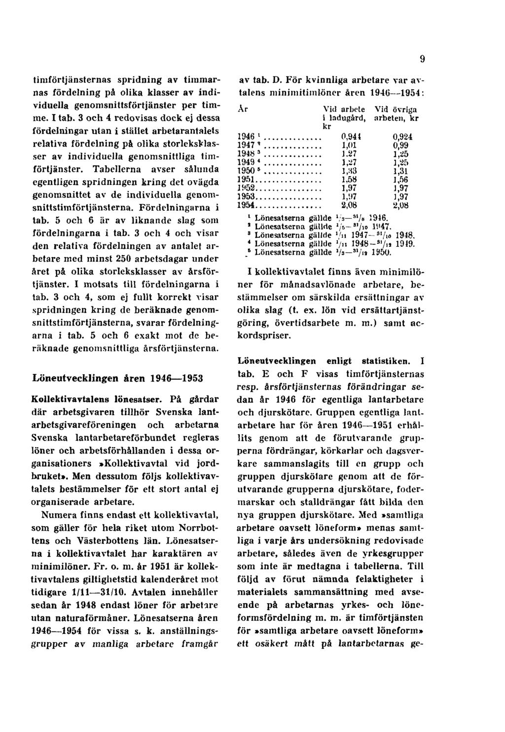 9 timförtjänsternas spridning av timmarnas fördelning på olika klasser av individuella genomsnittsförtjänster per timme. I tab.