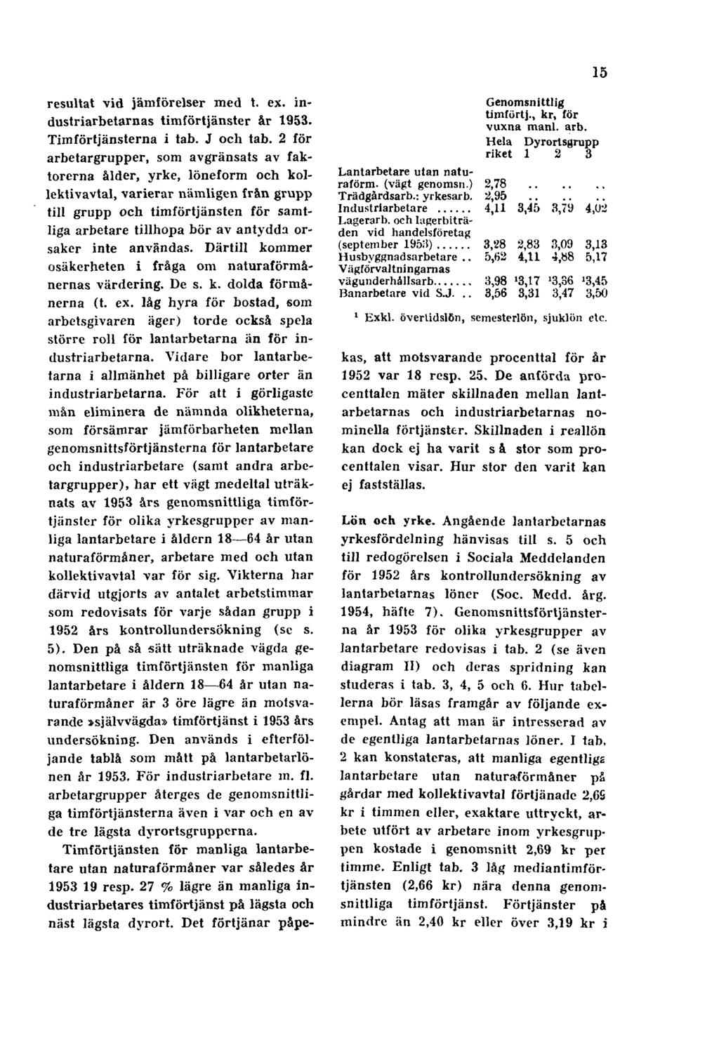 15 resultat vid jämförelser med t. ex. industriarbetarnas timförtjänster år 1953. Timförtjänsterna i tab. J och tab.