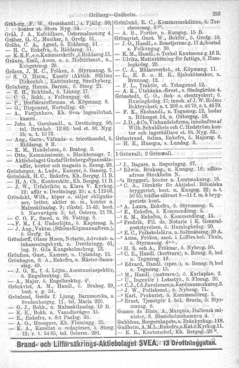 ~.r d :LGrå.berg-rGudheim. n, 253 (!}rå.'ller'g, gi!1.1w", G-rosshatfdl.? s. FjäUg,'130; Grönlund, R. C., Kommerserådinna, ö Tor-.(l '2.1(konto:r~st. Sitora NY!rt34.,.j,~'f stensonsg.r 8 III. Gråå, J.