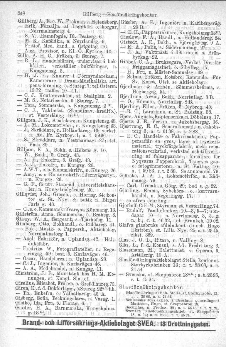 248 Gillberg-GlasförsRkringskontor. Gillberg, A., E. o. W., Fröknar, s. Heleneborg. Gissler, A. r F./ Ingeniör;.n. 'Kaffibll'rg,sv,åg. - Brik, Försäljn. af Laggkärlo. korgar, 29 B. /. I.nrrr..aw.