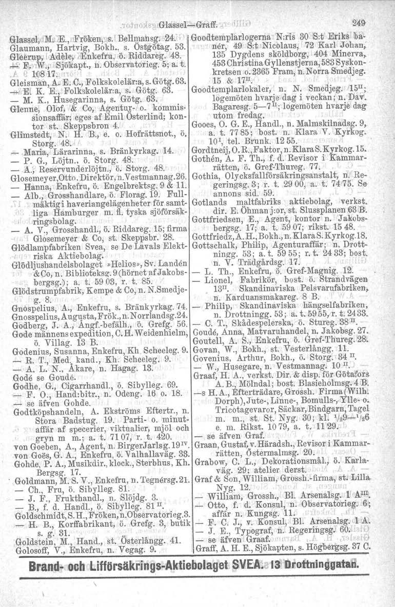 10 1I1);;l~'(; Glassel~Graff. ri f') 249 ~las~l]dmcje., ::Fr@ken,-,s.rBellr,nansg. 24: " Goodtemplarlogerna N:ris 30.8:t Eriks ba- Glaumann, Hartvig. Bokh., s. Ösigötag. 53.