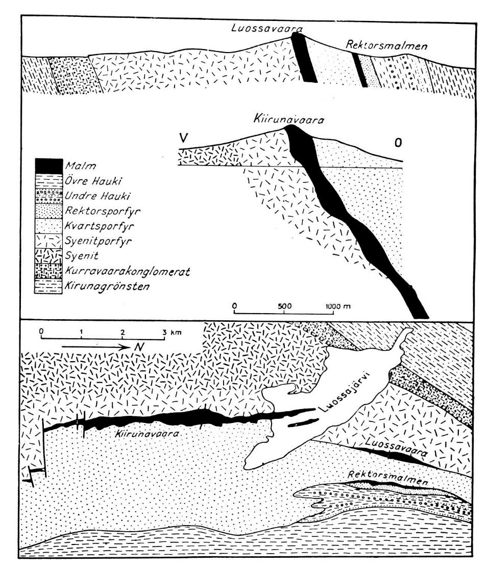 Kiirunavaras geologi Malmkroppen stryker nord syd med stupningen 55-60 grader och består till största del av magnetit.