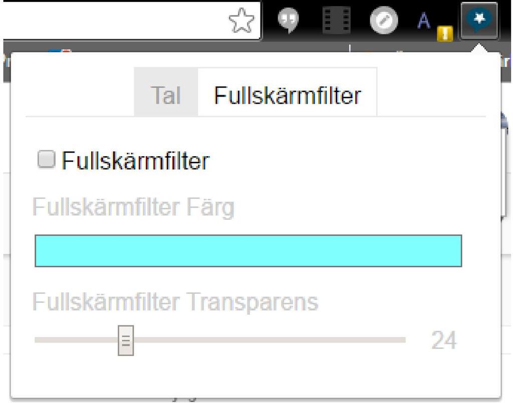Fullskärmsfilter Här kan du ändra färgen på hela din skärm. Klicka på fliken Fullskärmsfilter för att, dels aktivera funktionen och dels välja färg på ditt filter.