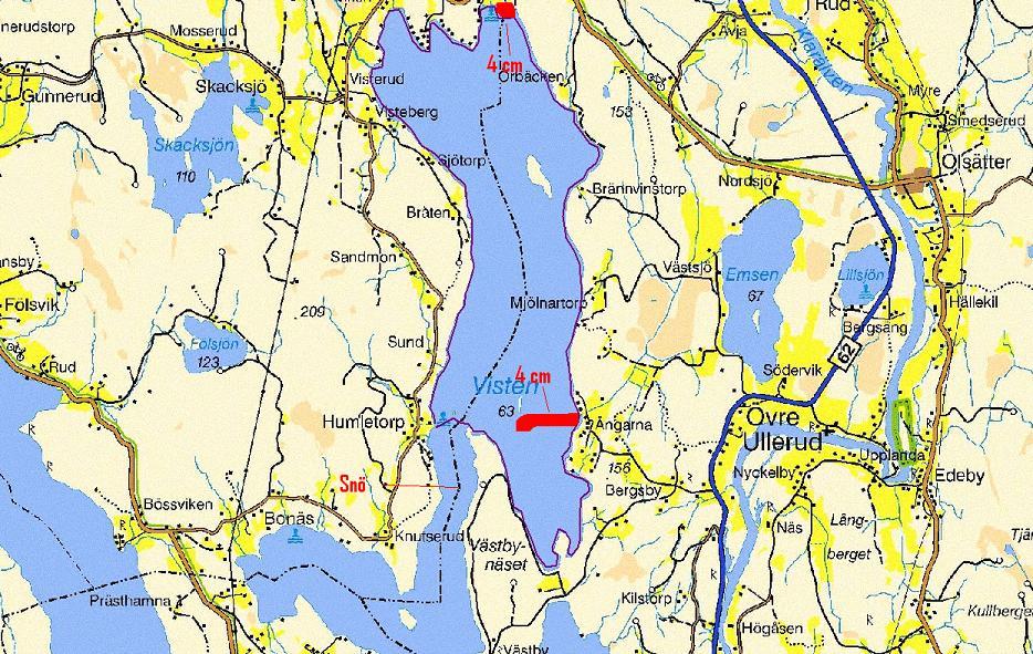 Turrapport 060107: Visst ligger Visten@Vänerskridsko Färdspår, klicka för större bild. Is Norra Visten har mycket fin kärnis, 6-9 cm. Ett par parterier tunnare, ca 4 cm.