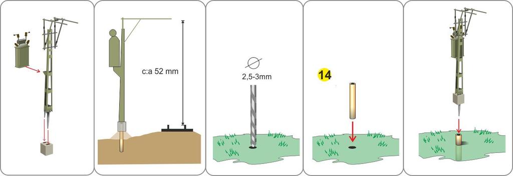 5 Montera fäste (8) och sedan de två utliggarna (9) med mellandelen (12) i hålen i utliggarna.