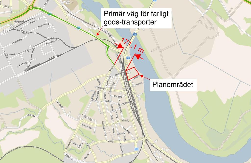 Figur 5. Karta som visar avståndet mellan primär väg för farligt gods-transporter och planområdet [8]. 2.