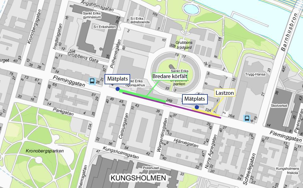 Figur 2. Karta Fleminggatan. 2 Litteraturstudie Denna del syftar till att undersöka eventuella erfarenheter av gemensamma cykelbusskörfält.
