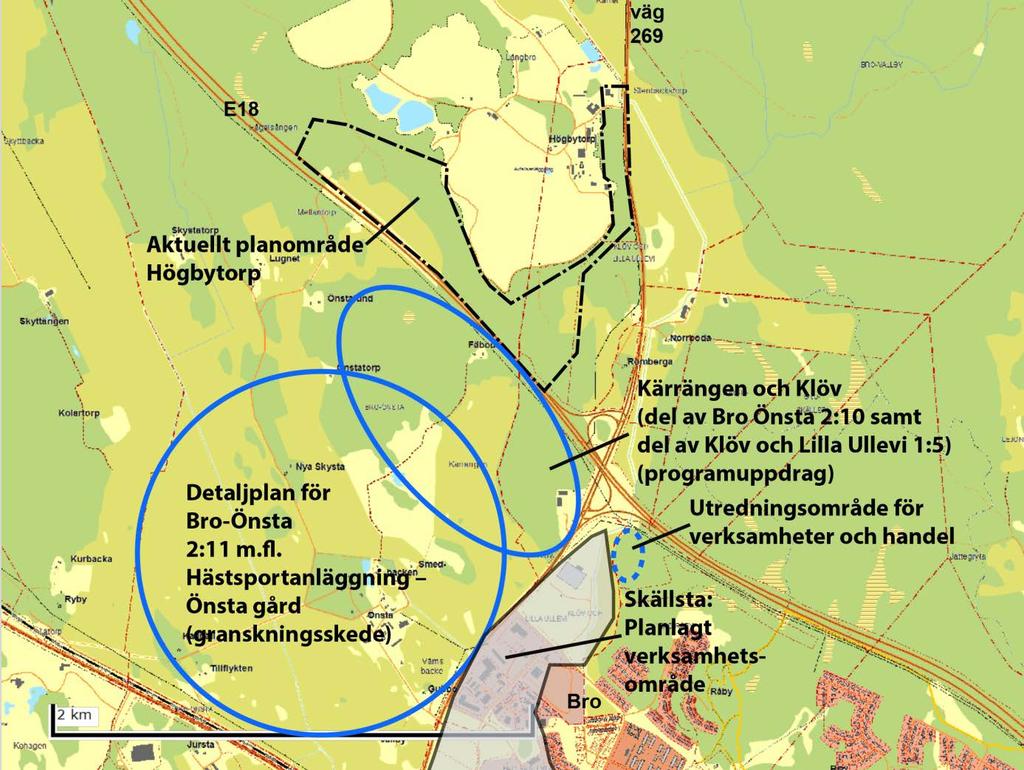 Sida 10 av 28 Enligt översiktsplanen finns även förslag till ett nytt verksamhetsområde öster om Bro trafikplats samt en utökning i riktning nordost av det befintliga verksamhetsområdet Skällsta.