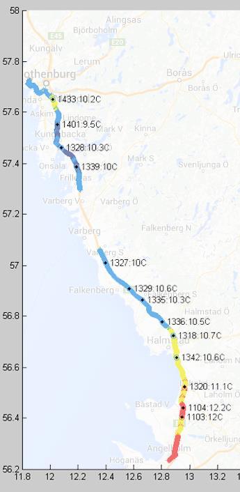Figur 31:Uppmätt lufttemperatur vid en körning med projektbil 2070 från Göteborg till Ängelholm.