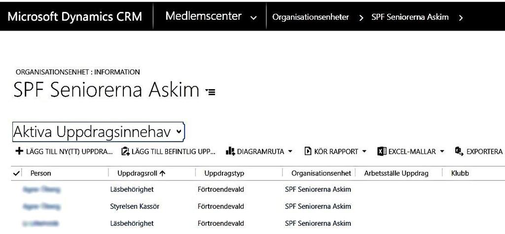 8. En lista med alla uppdrag i föreningen öppnas nu. Klicka på Vy-namnet. 9. Välj vy Aktiva uppdrag i rullgardinsmenyn. 10.