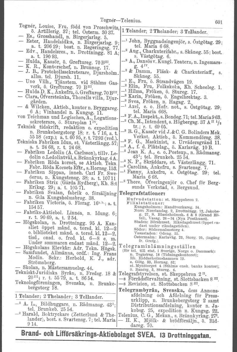 TegnerTelenius. 601 'I'egner, Louise, Fru, född von Proschwitz ö. Artillerig. 37; tel. Österm. 3037. ' 1 Telander; 2 'I'helander. 3 TelJander. Es., Grosshandl! n. Birgerjarlsg. 5.