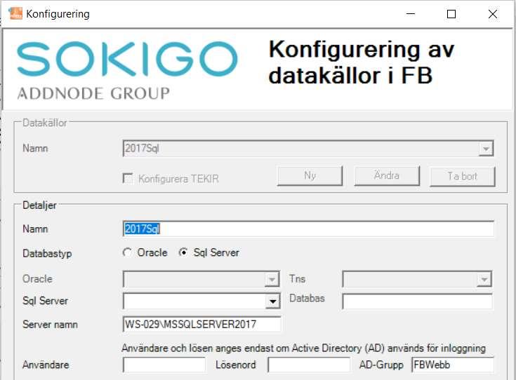 3 ANPASSA DATABASEN I FB KONFIGURATION För att kunna jobba med AD-inloggningen behövs en databasanvändare som kommunicerar med databasen.