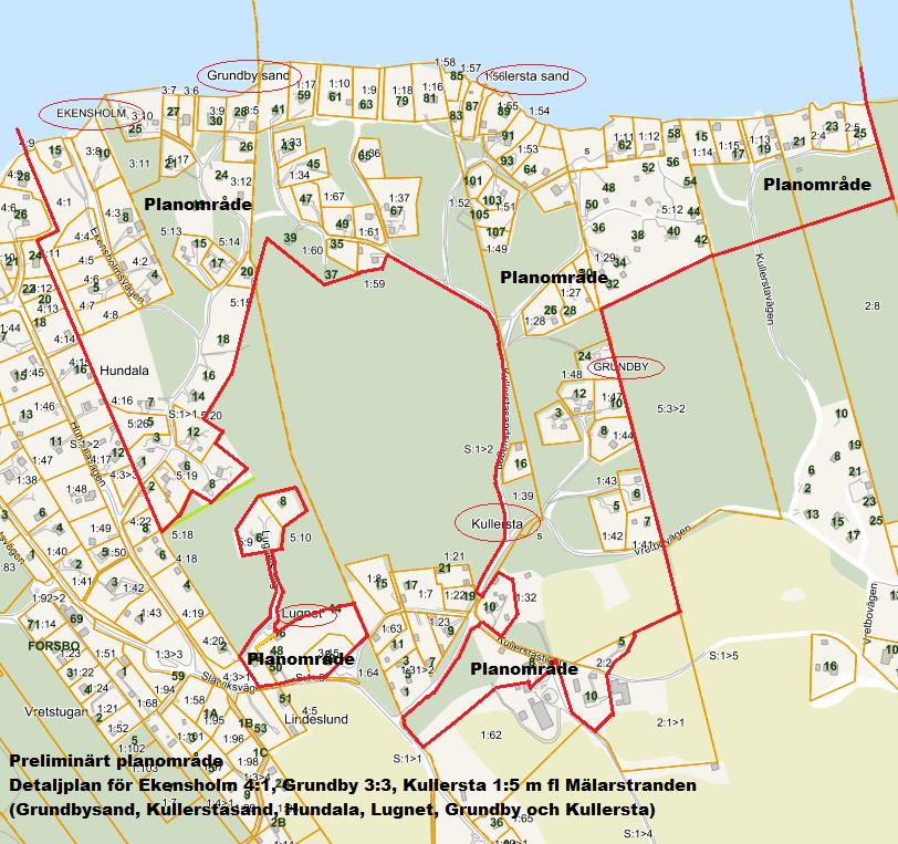 Eskilstuna kommun 2 (11) Preliminär avgränsning av planområdet för detaljplan Ekensholm 4:1, Grundby 3:5, Kullersta 1:5 m flera Mälarstranden, SBN/2014:113. (Heldragen röd linje visar avgänsningen).