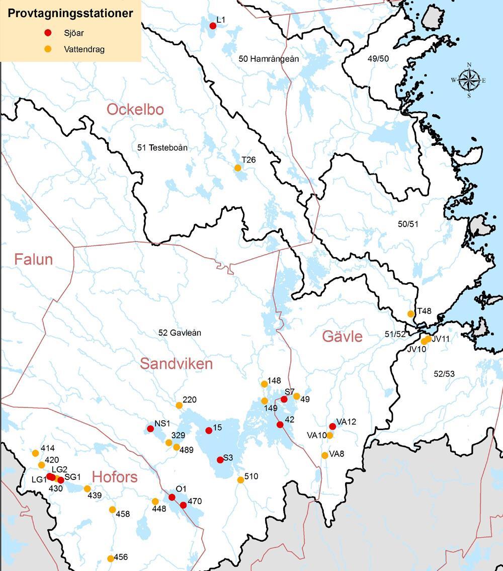 Figur 3. Provtagningsstationer i sjöar och vattendrag inom ramen för Gästriklands vattenvårdsförening kontrollprogram. 2.
