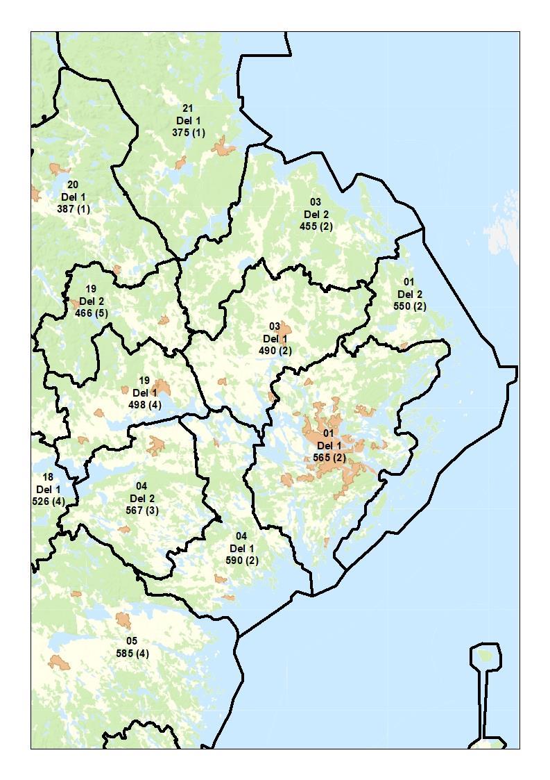 Län: Stockholm (01), Uppsala (03), Södermanland (04), Västmanland (19). Skogsmark kr/m 3 sk.