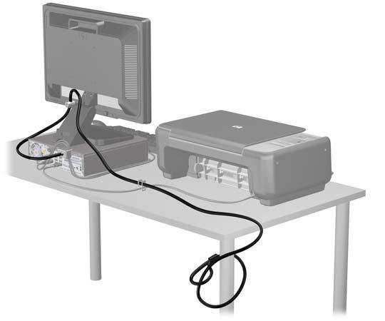 8. När du har utfört alla steg har du säkrat alla enheter på din arbetsstation. Säkerhetsanordningar för frontpanelen Frontpanelen kan låsas med hjälp av en säkerhetsskruv från HP.