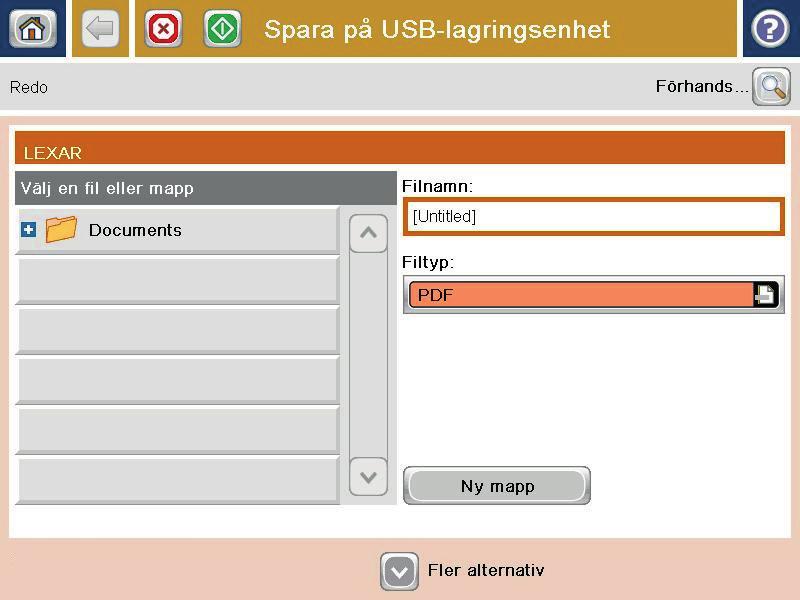 2. Bläddra till och tryck på Spara på USBlagringsenhet på startskärmen på produktens kontrollpanel. OBS! Ange ditt användarnamn och lösenord om du uppmanas att göra det. 3.