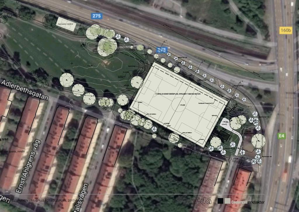 1 FÖRUTSÄTTNINGAR Fredhällsparkens östra del, mellan Adlerbethsgatan och Drottningholmsvägen kommer att inhysa en 11-manna fotbollsplan, delvis försänkt.