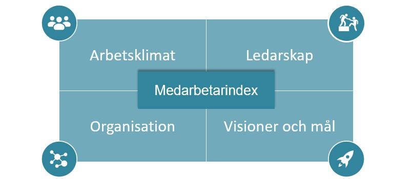 förutsättningar för att kunna bidra till en lönsam, hälsosam och lyckosam organisation. Medarbetarundersökning består av 4 huvudområden Arbetsklimat, Organisation, Ledarskap samt Mål och strategier.