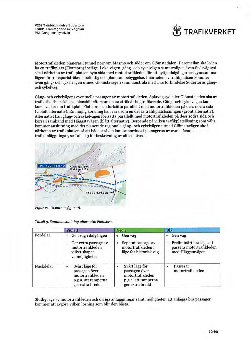 V259 Tvärförbindelse Södertörn TSK01 Framtagande av Vägplan PM, Gång- och cykelväg <tii) TRAFIKVERKET Moto1trafikleden planeras i tunnel norr om Masmo och söder om Glömstadalen.