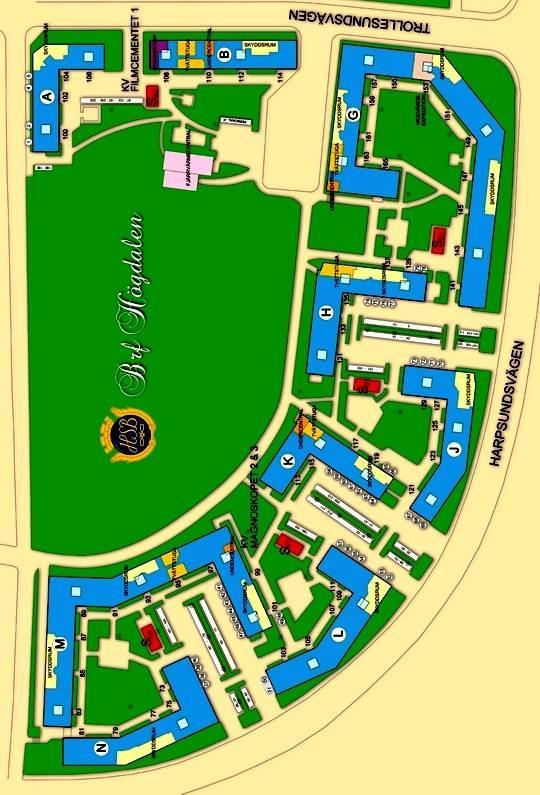 Områdeskarta Hus G = Harpsundsvägen 141-165, Hus H = Harpsundsvägen 131-139, Hus J = Harpsundsvägen 121-129, Hus K =