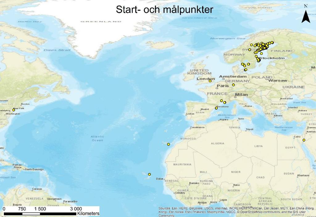 Fördelning av start- och målpunkter över hela världen som