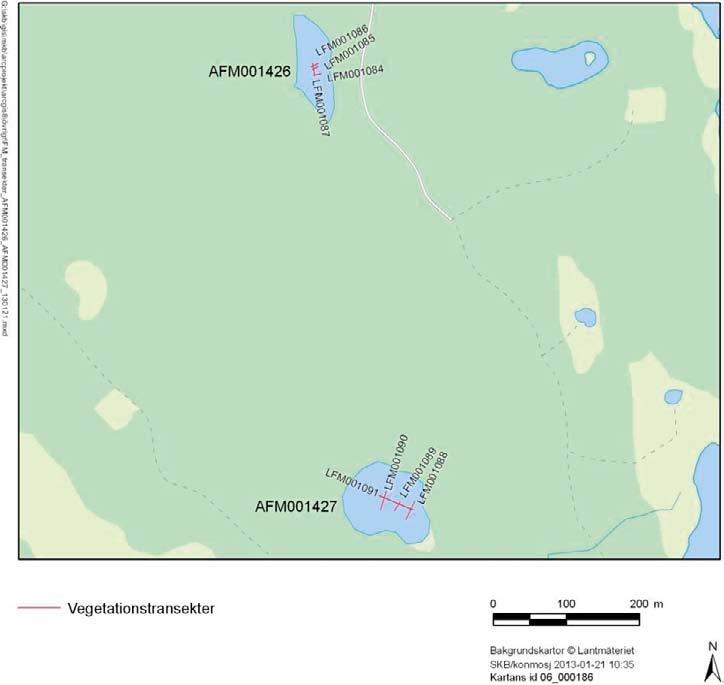 Bilaga 3 Kartor över vegetationstransekter Översiktskartor som visar vegetationstransekternas placering i respektive göl (AFM001426, AFM001427, AFM001419, AFM001420, AFM001421 och AFM001422).