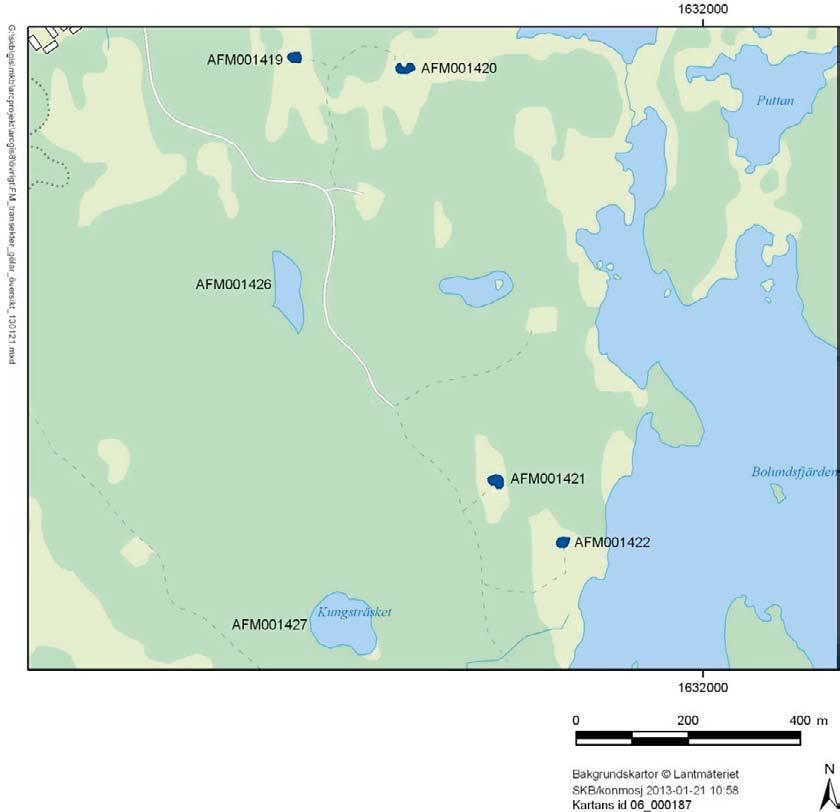 Figur 1-1. Karta över området med de fyra nya gölarna (AFM001419, 1420, 1421 och 1422) samt de två naturliga gölarna (AFM001426 och 1427) markerade. 1.3.