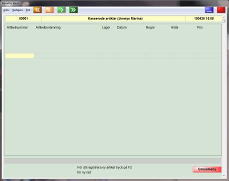 14 Kasserade artiklar Tryck på <F5> för att hämta en artikel från lagerregistret eller skriv in artnummer och tryck på <Enter>. Detta register innehåller alla kasserade och defekta produkter.