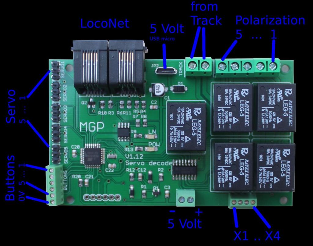 Instruktion dekoder Servo5 v. 0.12 Sida 2 av 22 1 SERVODEKODER Servodekodern kan hantera 5 servon, med polarisering för spårkorset och med knappar för omläggning, se bild för anslutningarna.