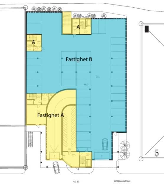 Delar av plan B urholkas av fastighets A gällande miljörum, cykelparkering, trapphus och nedfart till garage.