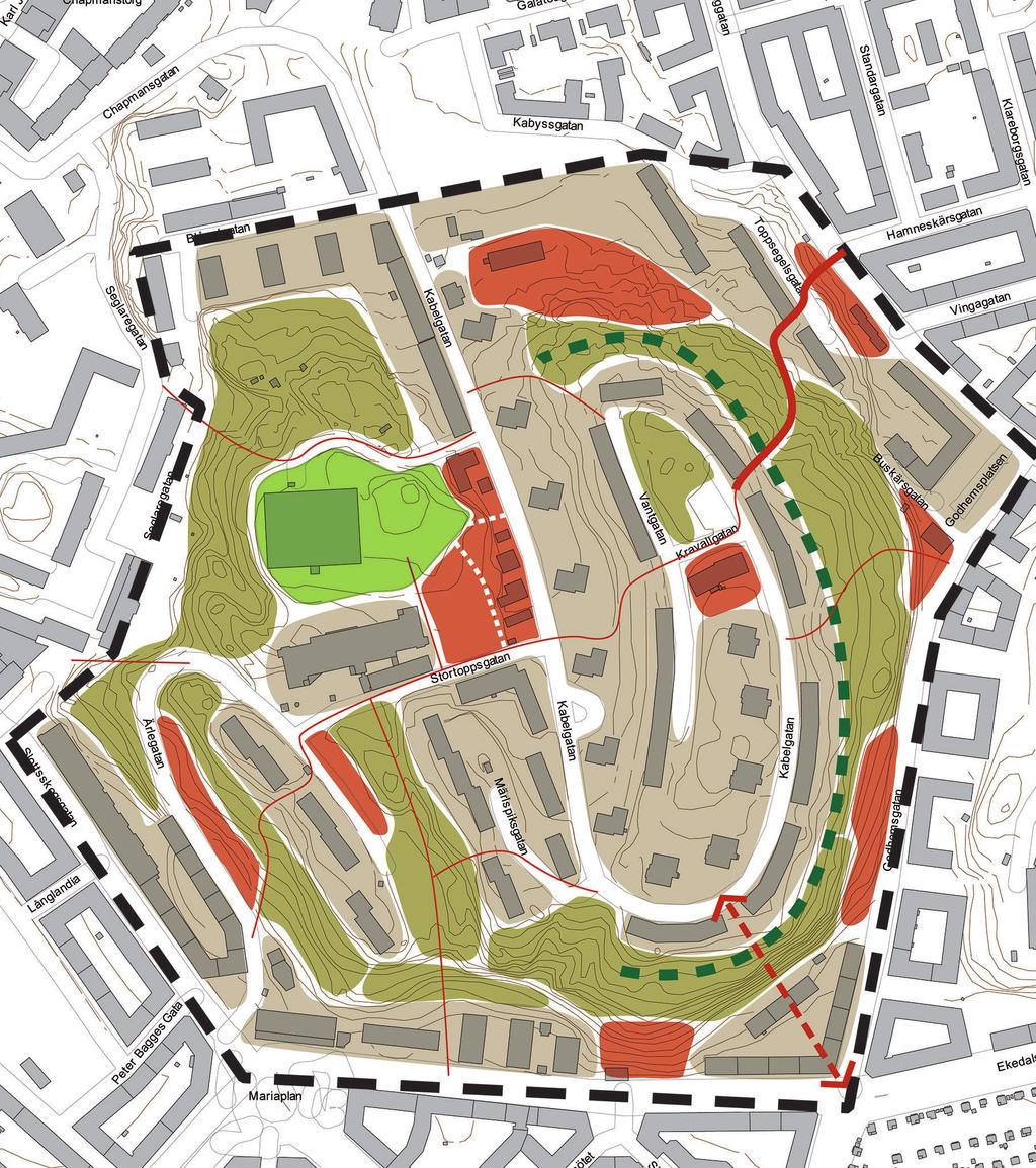 B A Förslagsbild från planprogram för Gråberget, där de i planprogrammet utpekade möjligheterna för nybebyggelse