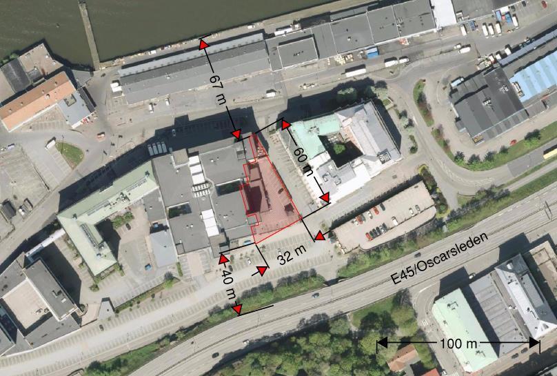 Figur 4. Uppmätta avstånd för detaljplan Utveckling av f.d. Fryshuset vid Fiskhamnsgatan, avvikelser kan förekomma. Göteborgs Stad 2.