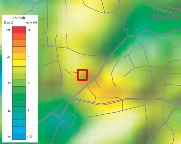Figur 7. Planområde med markerade mätpunkter 1-6. Figur 8. Urankarta baserad på SGUs flygburna gammaspektrometriska mätningar (www.sgu.se). Ungefärlig begränsning av planområde inom röd markering.