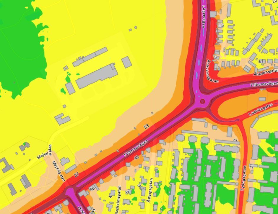 Bullerkartering år 2011, ekvivalentnivåer En del av planområdet ligger i lågpunkt och bedöms inte lämplig för bebyggelse. En viss risk för översvämning finns längs Filbornavägen i söder.