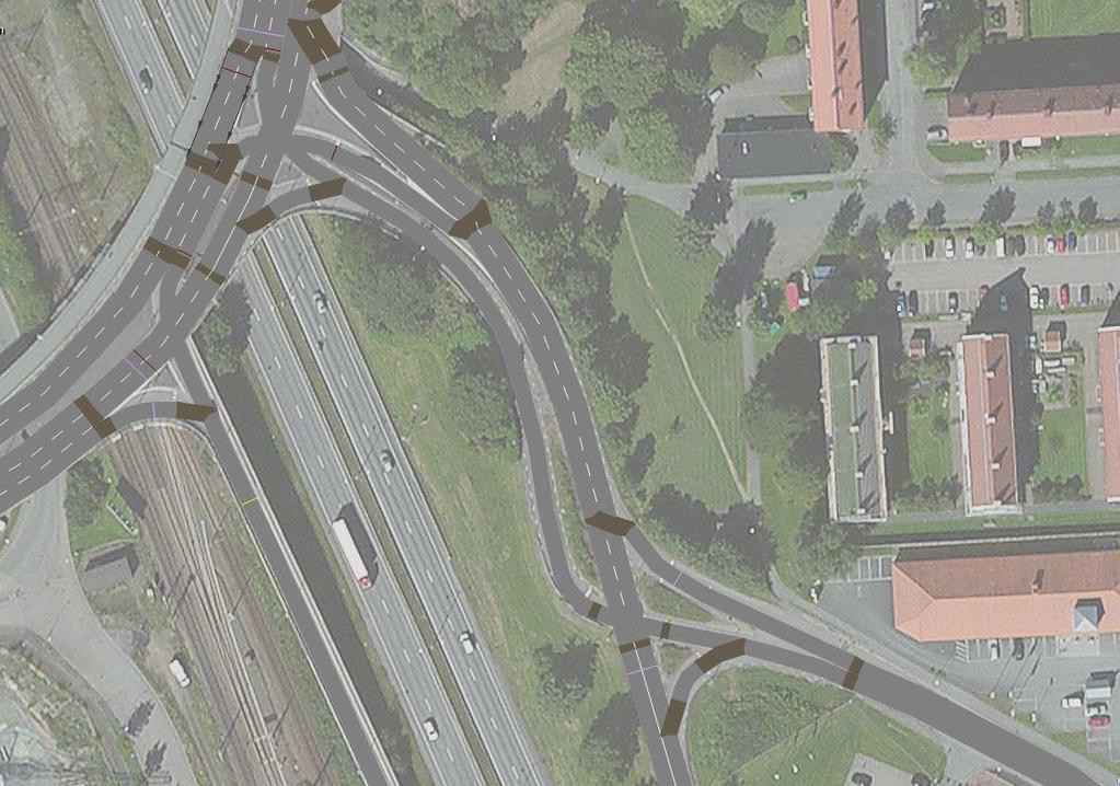 Korsning 2 A Korsning 3 B Figur 9. Detaljbild av Alternativ 3. A: Två körfält åt höger mot väg 40 och B: Trafiksignalen i korsning 3 tas bort och trafiken från väg 40 mot Mejerigatan går under tunnel.