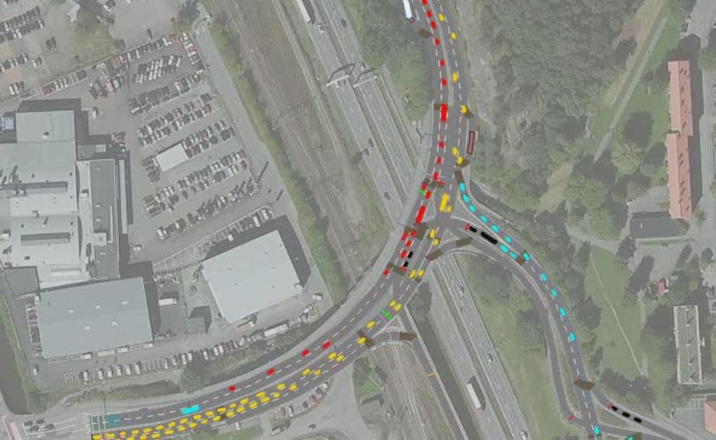 Figur 2. Simuleringsmodell under eftermiddagens rusningstid. I Kallebäck planeras utbyggnad av 1500 bostäder och 1000 arbetsplatser fram till år 2035.