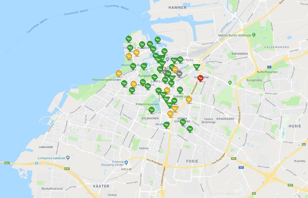28 Figur 3-1 Cykelstationer för Malmö by bike (2018-05-14). Figur 3-2 Sunfleets bilpoolstationer i Malmö (2018-05-14).