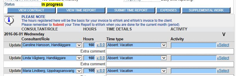 Exempel: I exemplet nedan har vardera konsult lagt ned 160 timmar under månaden.