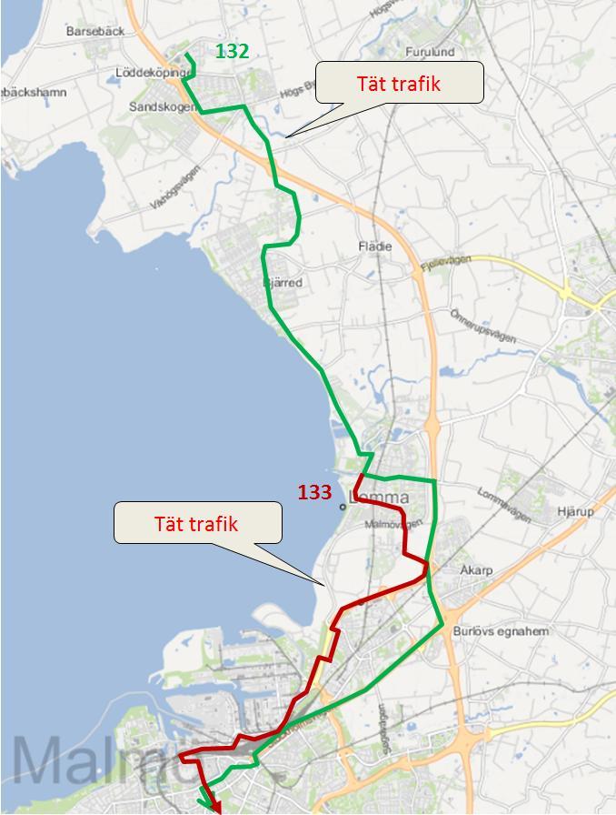 Figur 6. Förslag på linjenät december 2017 då ramperna finns vid väg E6 och Vinstorpsvägen, karta från Skånetrafiken.