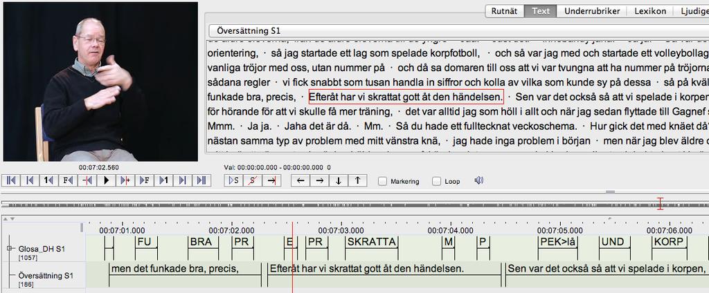 6. Översättningsrad I översättningsraden annoteras en svensk översättning av texten. Texten är då uppdelade i celler i för svenskan lämpliga längder, baserade på bl.a. fraser och satser eller meningar, och skriva översättningen som i Figur 29.