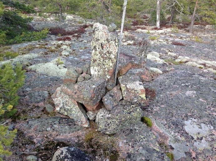 Övervuxet med sly. Kommentar Kan ha varit en del av vägstrukturen i Havsviddens första fas. Förslag till antikvarisk bedömning osäker inte fornlämning Översiktsbild från nordost.