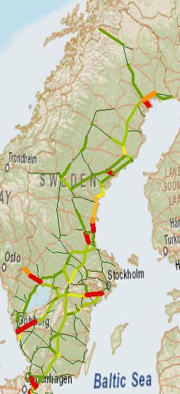 Fig 5.3 Kapacitetsutnyttjandet i järnvägsnätet i JA2040 (%).