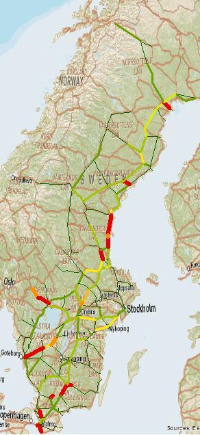 Sträckor med kapacitetsbrist återfinns på ungefär samma delar av järnvägsnätet som i JA.