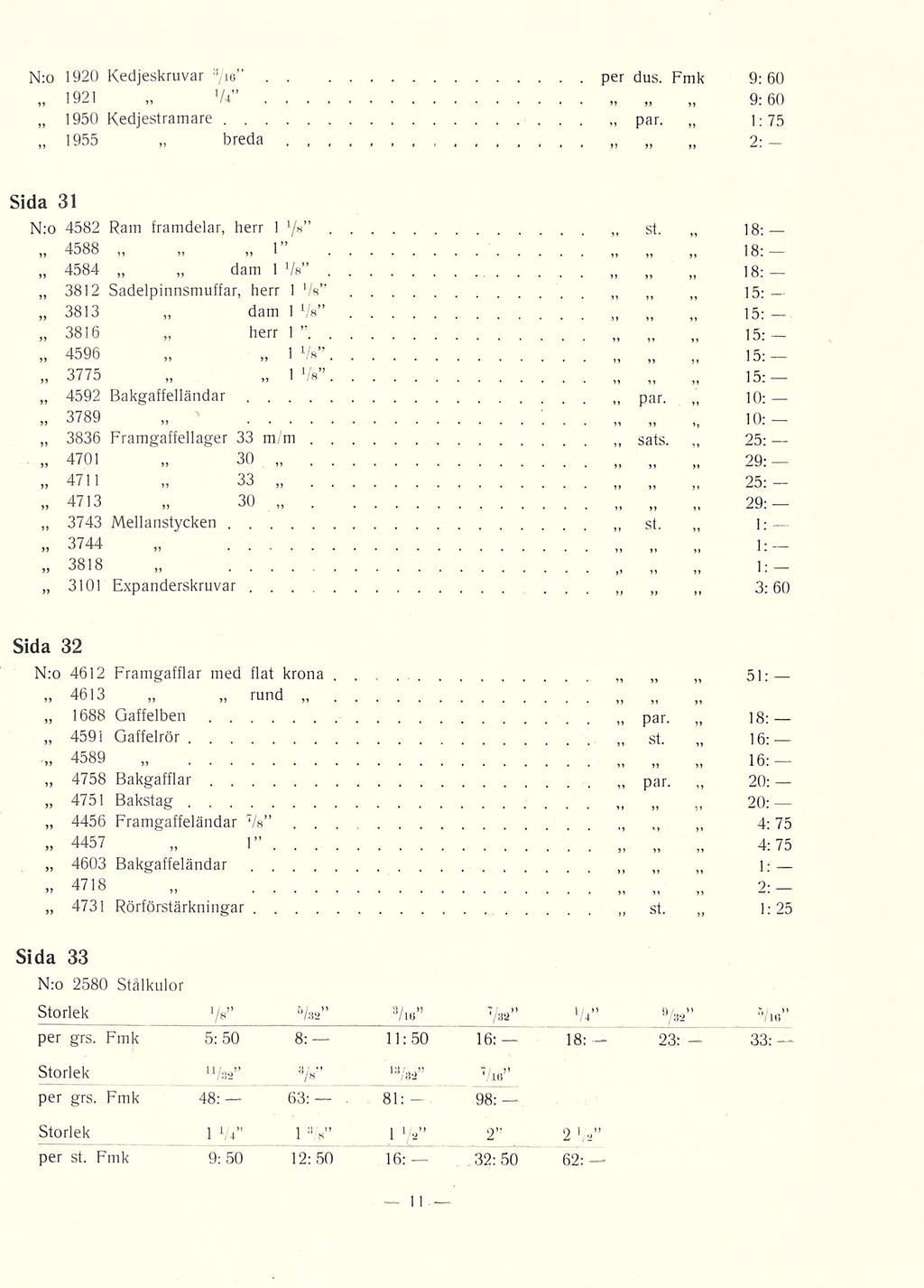 N:o 1921 1950 1955 1920 Kedjeskruvar Vi Kedjestramare breda /ie per dus Fmk 9:60 9:60 par 1:75 2: 3 Sida 31 N:o 4582 Ram framdelar, herr 1 1 /h 4588 4584 3812 3813 1 1 Vs dam Sadelpinnsmuffar, herr 1
