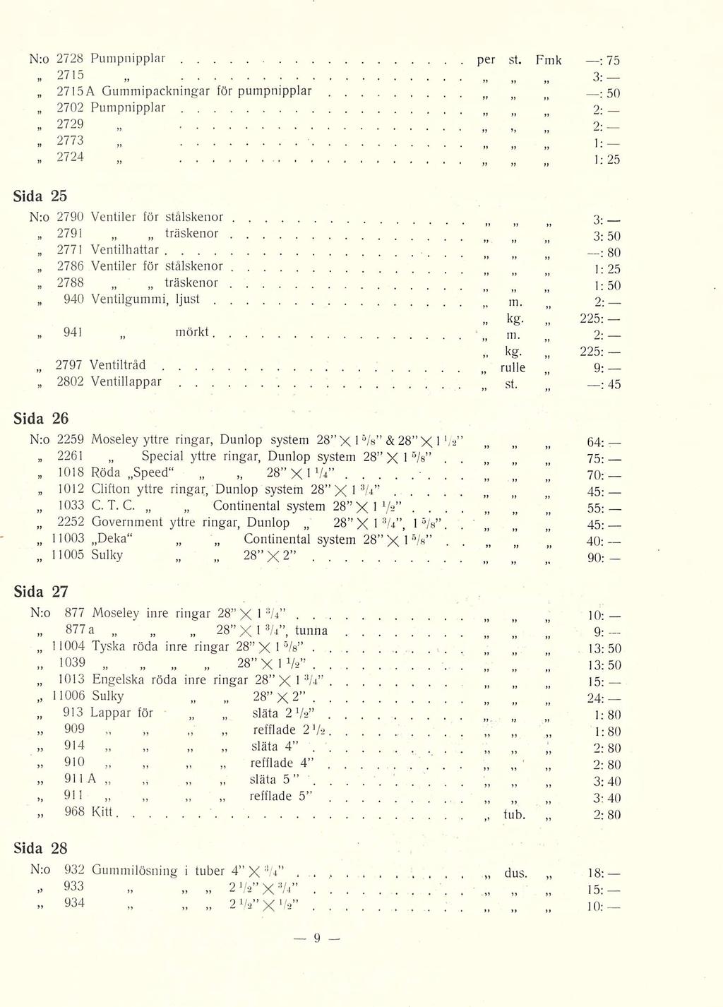 N;o 2728 Pumpnipplar per st Fmk 2715 2715 A Gummipackningar för pumpnipplar 2702 > Pumpnipplar 2729 2773 2724 75 3: _ : 50 2; ] _ > i > 1 ]25 Sida 25 N:o 2790 Ventiler för stålskenor 3 2791
